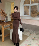 Elegant Black Mermaid Dress Women Casual Chic Long Sleeve Sexy Evening Party Dress French Vintage Pretty Long Dress