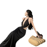 Zingj Pure Wind Deep V Hanging Neck Kinink Hollow Out Holiday Dress Temperament Goddess Van Dopamine Party