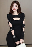 Girl O-Neck Long-sleeved Dress Women's Autumn/Winter Hollow Out Slim Fit Sexy Wrapped Hip Knitted Dress Female