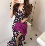Korean Chic V-Neck Print Floral Sexy Maxi Dresses for Women Clothing Bodycon Chiffon Midi Dress Elegant Summer 2023