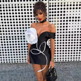 New Bandage Dress Fashion Collared Shoulder V-Neck Big White Flower Tight-Nuff
