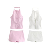 New Hanging Neck Bows Decorated Solid Color Top