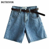 Fashion Summer Half Women Denim Shorts High Waist Belted Loose Female Short Jeans 2021