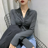 High Stretchy Tee Women's Full Sleeve Criss-Cross V-neck Tshirt Soft Sheath T-shirts Tops for