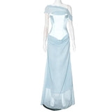 Blue Satin Corset Chiffon Off-shoulder Maxi Dress-Outfit
