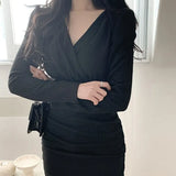 Style Elegant Autumn Mini Bodycon Dress Women Cross V Neck Long Puff Sleeve Pleated Party Dresses Robe Femme
