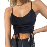 Women Solid Sexy Halter Tank Tops Spaghetti Strap Camisole Knitted Ruched Drawstring Crop For Club Summer
