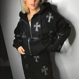 Diamonds Printed Loose Sweatshirts Long Sleeve Hoodies 90s Women Autumn Winter Oversized Coat Outwear Vintage