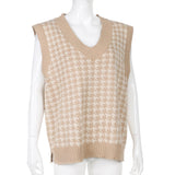 V-neck Sweaters Women Sleeveless Print Casual Y2K Loose England Style Patchwork Knit Autumn Winter Tank Tops