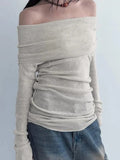 Solid Off Shoulder Slim Long Sleeve Knit-Outfit