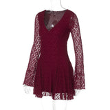 Lace Long Sleeve Hollow Out V-Neck Mini Dress- Outfit