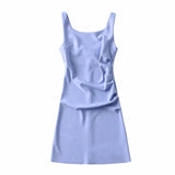 Zingj New Pleated Vest Dress Summer Women's Solid Color Square Collar Sleeveless Hip