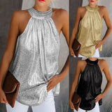 Gold Blouse 2020 New Fashion High Neck Sleeveless Hatler Tank Top Vest Summer Casual Loose Blouse Shirt