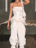 Mesh Paneled Lace Up Bandeau Top-Outfit