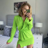 New Fashion Green Chic Mini Shirt Dress With Shoulder Pads Cozy Long Sleeve Wrap Office Lady Pleated For Beach