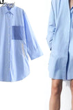 Blue Shirt Dress Woman Patchwork Striped Short Dresses For Women Asymmetric Loose Long Sleeve Dresses Women's Summer