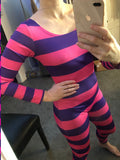 Women's Cheshire Cat Halloween Costume Pink Purple Striped Long Sleeve Jumpsuit Cosplay Outfit Party Club