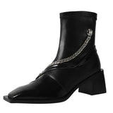 Design Sense Soft Leather Square Head Thick Heel Short Boots Women's Chain Martin Boots Tide Cool Fashion Single Boots Elastic Thin Thin