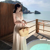 Zingj Holiday Style Hanging Neck Tie With Open Back Sexy Halter Dress Hollow Out High Waist Temperament Long Skirt