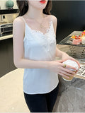 Korean Fashion Silk Women Camis Streetwear Satin Sexy Tops Lace Sleeveless White Female Tank Tops Blouse OL Woman