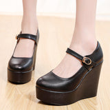 High-Slope Single-Shoe Round Cheongsam Shoes Shallow Walking Shoes Waterproof Table Thick-Soled Size 43 Magic Sticker Women's