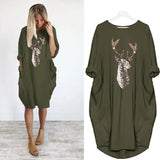 Sleeve T Shirt Christmas ELK Sequin Dress Oversized Long Tops Casual Loose Mini Dresses Streetwear Vestidos Wrap