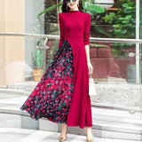 Winter Floral Print Knitting Patchwork Casual Fashion Maxi Dress Ladies All-match Oversized Vestidos Elegant Robe