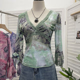 Picts Picts Retro Tie-Dye-Print Yarn Lace V-Neck Low-Breast Horn Sleeves Short Thin T-Shirt Top
