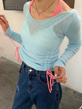 Korean Style T Shirt Women Patchwork Y2k Fake Two-piece T-shirt Long Sleeve Halter Tops Knit Crop Tops American