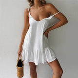 Spaghetti Strap Ruffle Dress Women Summer Dress Cotton Linen Vestidos Green Dresses Off Shoulder Sexy Mini