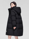 Long Down Jacket Female 2024 Winter New Fashion Hoodie Loose And Thick White Duck Velvet Over The Knee Coat Tide-Outfit