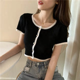2021 Summer New Round Neck Color Matching Lady Temperament Ruffle Sweet Navel Short Knitted T-shirt Top Women