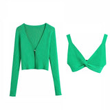 Green Knitted Ribbed 3 Pieces Women Sets Y2K Summer Holiday Single Button Loose Coat Sexy Underwear Bra High Waist