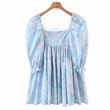 Fashion Women Blue Print Holiday Princess Party Dress Elegant Ladies Puff Sleeve Square Neck Pleat Mini Dress Short