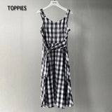 Fashion Plaid O-ring Belt Camisole Dresses Sexy Sleeveless Midi Dress 2021 Summer