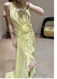 French Holiday Style V-Neck Hanging Neck Wood Ear Dress Chiffon Three-Dimensional Flowers Bare Back Sexy Evening Dress