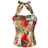 50s Halter Top Womens Party 1950s Shirts Sweetheart Ladies Floral Print Housewife Slim Fit Office Retro Pinup Blouse