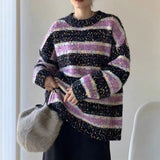 Zingj Gauze Color Stripe Sweater Unlined Upper Garment Female Design Feeling Small Minority Autumn Winter New Style Languid Lazy Wind Loose Color Sweater-Outfit