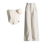 2025 New Temperament Splicing Three-Dimensional Flower Fish Bone Stud Top + High Waist Broad Leg Slacks Fashion