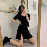 Women Black Retro Plus Size 4XL Elegant Friends Side Slit Temperament Minimalist Shirring Summer 2021 Daily Chic