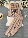 Fashion Sweater Two Pieces Sets Ladies Long Sleeve Knit Cardigan+Wide Leg Long Pant Sets Women OL Loose Knitted