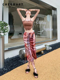 Tie Dye Drawstring Long Skirt For Women High Waisted Bodycon Designer Heart Ruched Midi Skirt 2022 High Fashion