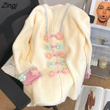 Beading Sweater Women Flower Button Kintted Cardigan Autumn Sweet V-Neck Long Sleeves Coat Korean Style Loose Jumper