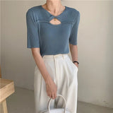 Ribbed Knit Top Summer Short Sleeve Tees Hollow Out Korean Fashion T Shirt Women White Yellow Black Blue Casual