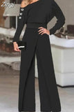 Women's Jumpsuit 2023 Autumn Fashion Rhinestone Cold Shoulder Elegant Plain Long Sleeve Wide Leg Work Long Jumpsuit Office