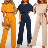 Casual Short Sleeve Solid Color Playsuit Round Neck High Waist Elegant Lace-up Jumpsuit Romper 2020 top Women's