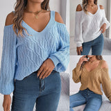 Shooting 2025 Autumn And Winter Casual Pure Color Plain Flower Shoulder Lantern Sleeve Sweater Women's
