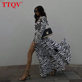 Sexy V-neck Stripe Print Dress Women Spring Vintage A-line Long Sleeve Midi Dress Fashion Loose Slit Female Party