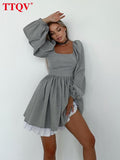 Elegant Gray Square Collar Dresses For Women 2022 Autumn Lantern Sleeve Cascading Ruffle Dresses Fashion Patchwork