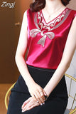 Fashion Top Woman V-neck Tank Tops Printed Vintage Ladies Crop top Female Women's T-shirt Satin Lace Summer Woman